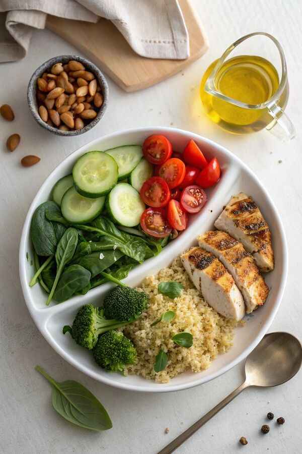 Balanced meal ingredients arranged on a kitchen table
